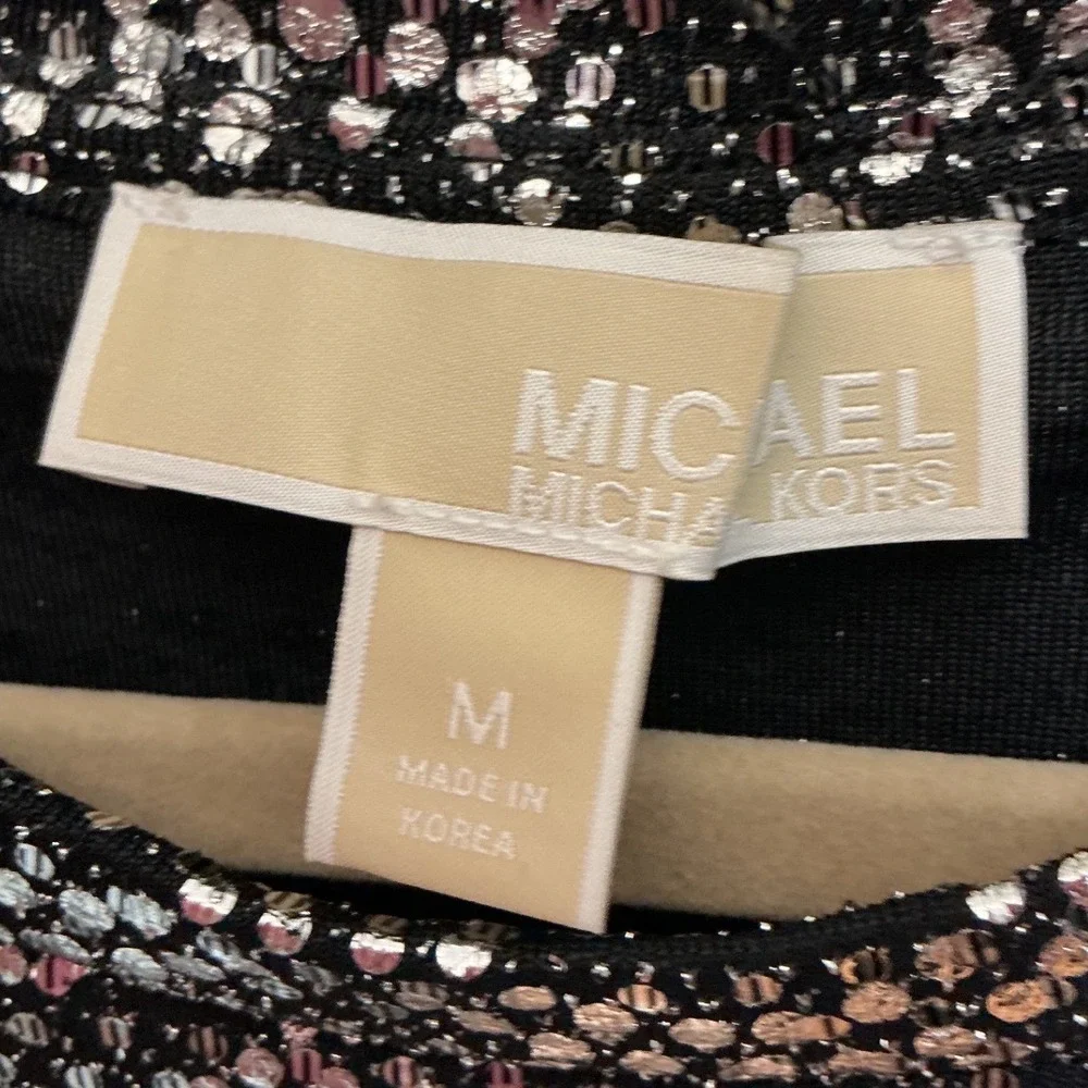 Michael Kors Womens Black Silver Metallic Cold Shoulder Scallop Tunic Top Medium
